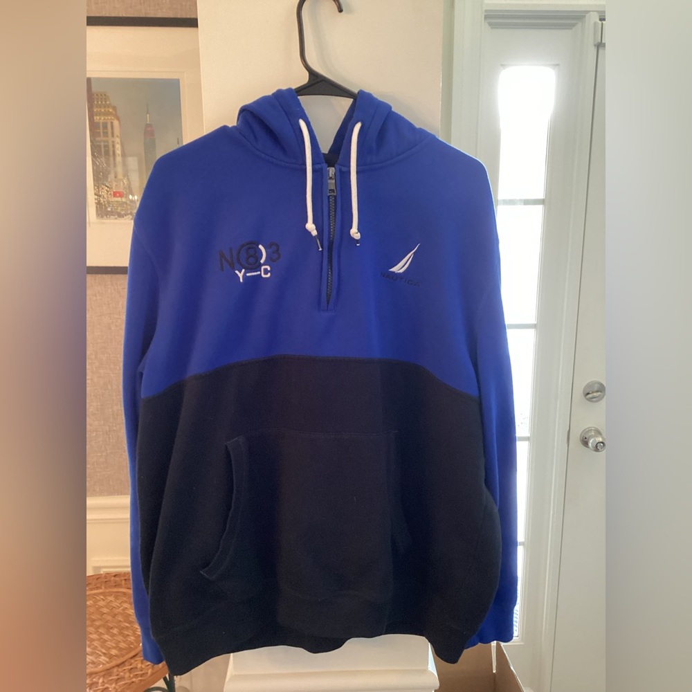 Nautica Colorblock 1/4 Zip Hoodie Windsurf Blue & Black Color. XL